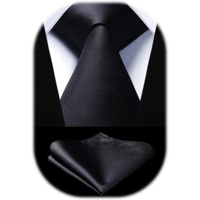 Krawattenset Herren Schwarz Einfarbig mit Einstecktuch für Hochzeit und Party