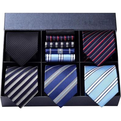 XXL Krawattenset 5 Krawatten Einstecktuch in Box für Männer Seidenkrawatte