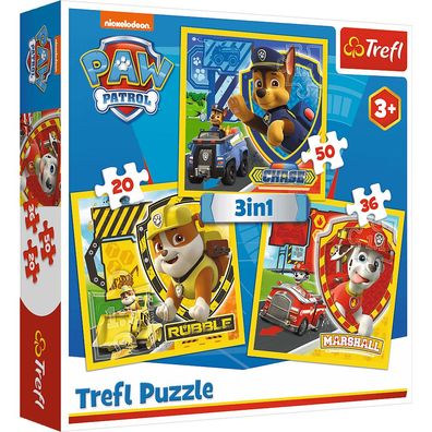 Trefl 34839 Paw Patrol Marshall, Rubble und Chase 3in1 Puzzle