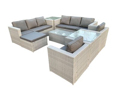 Fimous 9-Sitzer Rattan Gartenmöbel Set mit 3-Sitzer Sofa Couchtisch Großer Fußhocker