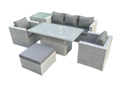 Fimous Rattan Gartenmöbel Set mit Sofa Höhe verstellbar Esstisch und Hocker 6-teilige