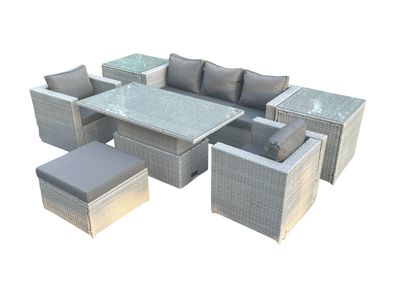 Fimous Rattan Gartenmöbel Set mit Sofa Höhe verstellbar Esstisch und Hocker, Sessel