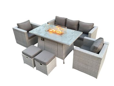 Fimous Gas Feuertisch fér den Außenbereich Rattan Gartenmöbel Set mit Sofa 2 Sessel