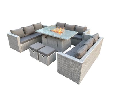 Fimous 11-Sitzer Polyrattan Gartenmöbel Set im Freien Gas Feuertisch Sofa Sets Hocker