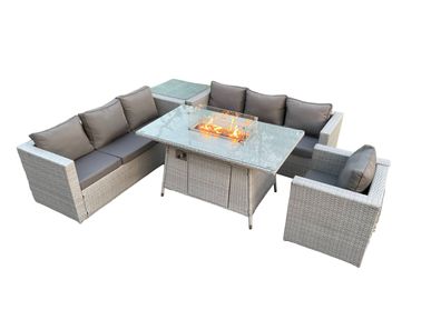 Fimous 7-Sitzer Polyrattan Gartenmöbel Set im Freien Gas Feuertisch Sofa Sets Sessel