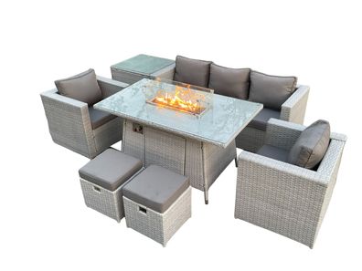 Fimous 7-Sitzer Polyrattan Gartenmöbel Set im Freien Gas Feuertisch Sofa Sets 2 Sesse
