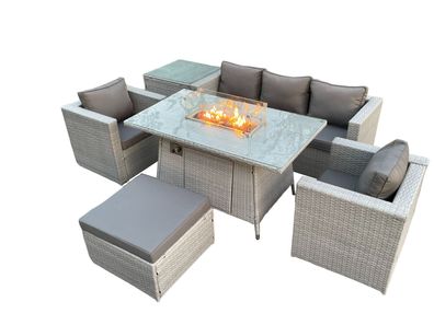 Fimous 6-Sitzer Polyrattan Gartenmöbel Set im Freien Gas Feuertisch Sofa Sets