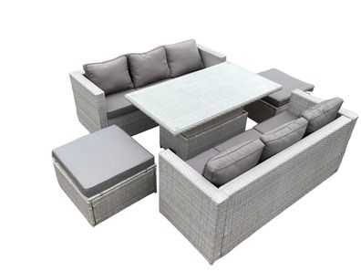 Fimous Polyrattan Gartenmöbel Set mit 2 Sofa, Höhe verstellbar Esstisch Helles Grau