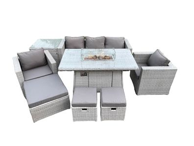Fimous 8-Sitzer Polyrattan Gartenmöbel Set mit Sofa, Gas Feuertisch und 2 Sessel