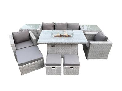 Fimous 8-Sitzer Polyrattan Gartenmöbel Set mit Sofa, Gas Feuertisch Essgruppe