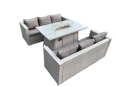 Fimous 6-Sitzer Polyrattan Gartenmöbel Set mit 2 Sofa, Gas Feuertisch Outdoor