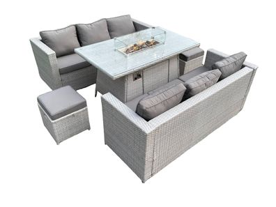 Fimous 8-Sitzer Polyrattan Gartenmöbel Set mit 2 Sofa, Gas Feuertisch Hocker
