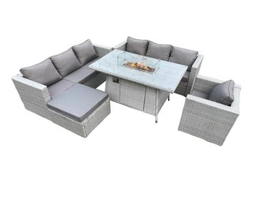 Fimous 8-Sitzer Polyrattan Gartenmöbel Set mit Sofa, Gas Feuertisch und Großer Hocker