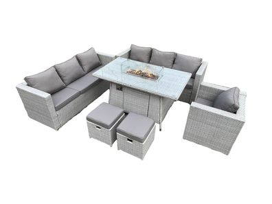 Fimous 9-Sitzer Polyrattan Gartenmöbel Set mit 2 Sofa, Gas Feuertisch und Hocker