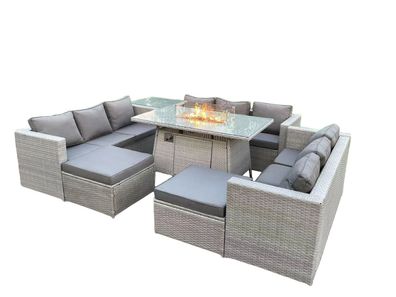 Fimous 11-Sitzer Polyrattan Gartenmöbel Set mit 2 Sofa, Gas Feuertisch und Hocker