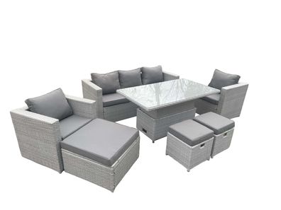 Fimous Rattan Gartenmöbel Set mit Sofa, Höhe verstellbar Esstisch und Hocker, Sessel