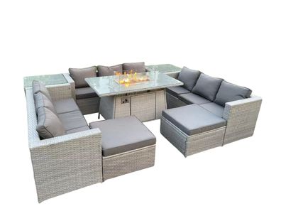 Fimous 11-Sitzer Polyrattan Gartenmöbel Set mit 2 Sofa, Gas Feuertisch und Sessel