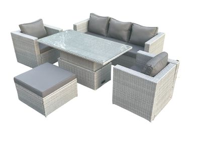 Fimous Rattan Gartenmöbel Set mit Sofa Höhe verstellbar Esstisch und Hocker Terrassen