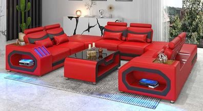 Design Wohnlandschaft Großes Sofa XXL U Form Ecksofa Ledersofa Rot LED
