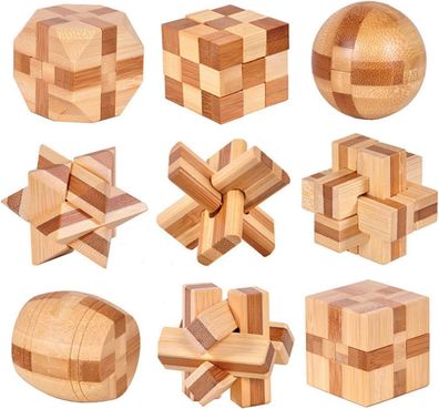 Holzsammlung 9x Knobelspiele Holz, Geschicklichkeit-Spiel aus Holz Würfel Rätsel