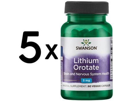 5 x (Swanson Lithium Orotate, 5mg - 60 vcaps)