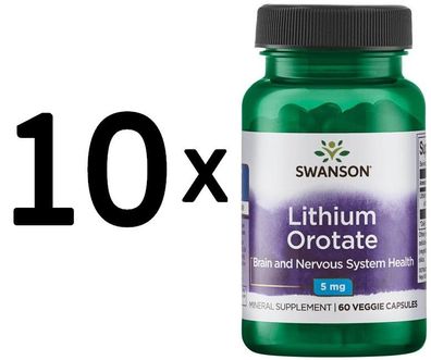10 x (Swanson Lithium Orotate, 5mg - 60 vcaps)