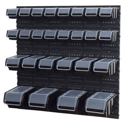 Stapelboxen Set 4 x Wandregal Lagersystem + 26 Boxen schwarz