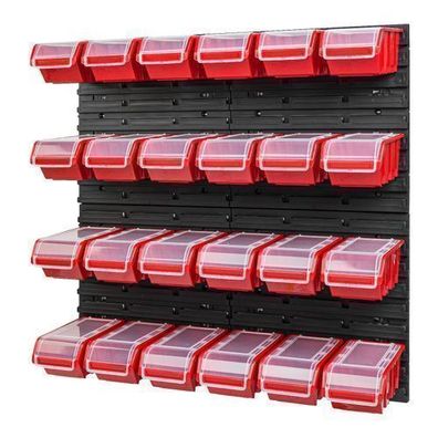 Stapelboxen Set 4 x Wandregal Lagersystem + 24 Boxen in rot