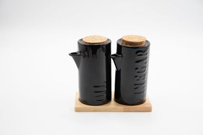 Essig- & Ölflasche Set mit Holzplatte schwarz Modern Life Keramik Landhausstil