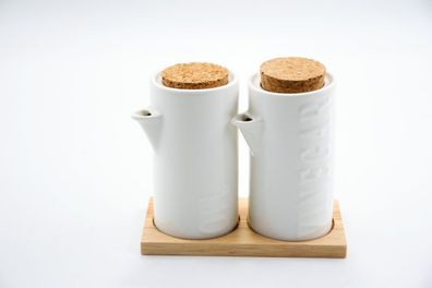 Essig- & Ölflasche Set mit Holzplatte weiß Modern Life Keramik Landhausstil