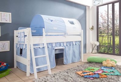 Halbhohes Einzelbett Kim Buche massiv weiß lackiert 90x200 cm mit Textilset