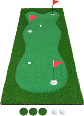 300 x 100cm Golf Puttingmatte, Golfmatte mit Kunstrasen, 2 Bälle, 3 Löcher, 3 Fahnen