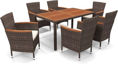 7 TLG. Rattan Gartenmöbel Set, Sitzgruppe mit Gartentisch aus Akazienholz & 6 Stühlen