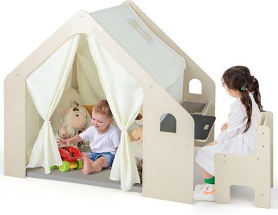 6-IN-1 Kinderzelt Holz mit Kindertisch & Stuhl, Kinderspielhaus mit Matte | Tafel