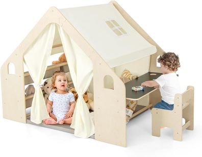 6-IN-1 Kinderzelt Holz mit Kindertisch & Stuhl & Kinderregal, Kinderspielhaus