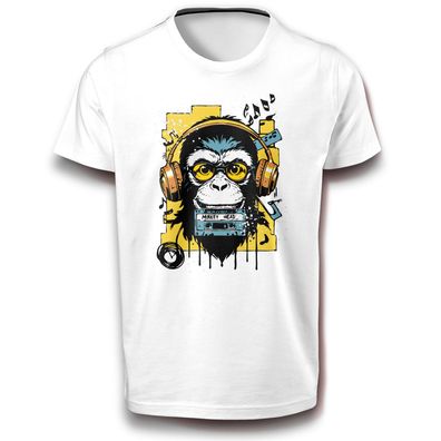 Primaten Dj Affe mit Kopfhörer Funk Soul Bluetooth Musik Fun T-Shirt weiß Baumwolle