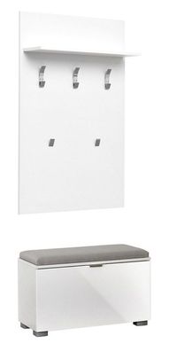 Garderobe mit Sitzbank Sabadell 04, Farbe: Weiß / Weiß Hochglanz - 209 x 80 x 38