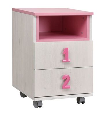 Kinderzimmer - Rollcontainer Luis 23, Farbe: Eiche Weiß / Rosa - 60 x 40 x 42 cm
