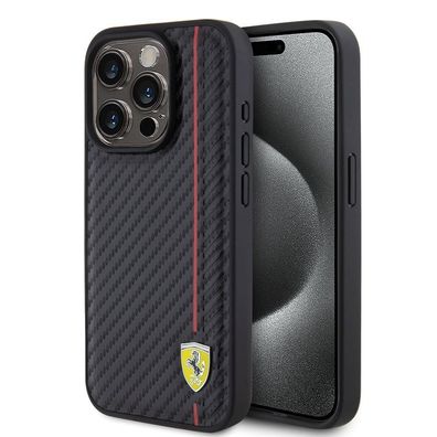 Ferrari PU Leder Linie Carbon MagSafe Hülle Cover iPhone 15 Pro - Schwarz