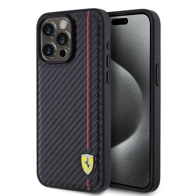 Ferrari PU Leder mit Linie Carbon MagSafe Hülle Cover iPhone 15 pro max - Schwarz