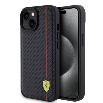 Ferrari PU Leder Linie Unterseite Carbon MagSafe Hülle Cover iPhone 15 - Schwarz
