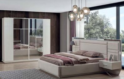 Weißes Schlafzimmer Set Designer Bett Holz Nachttische Kleiderschrank
