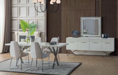 Weiße Esszimmer Qualitäts-Möbel Stilvoller Esstisch Textil Stühle 6tlg