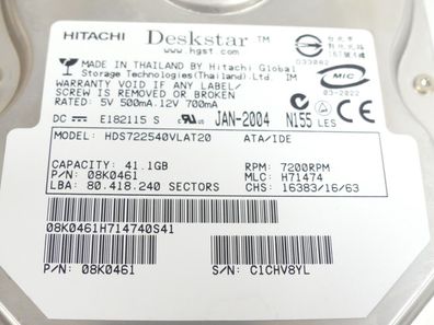Hitachi HDS722540VLAT20 Festplatte ATA/ IDE 41 GB SN C1CHV8YL