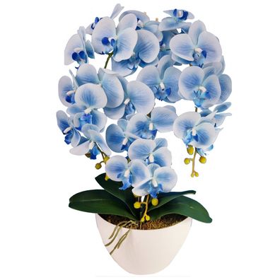 Künstliche Orchideen Blau im Weiß Deko Topf wie Echt 60cm hoch