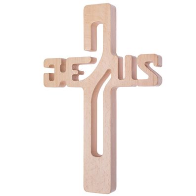 JESUS Deko Aufschrift Holzkreuz Kruzifix Buchenholz Gastgeschenk 22cm (Gr. 22 cm)