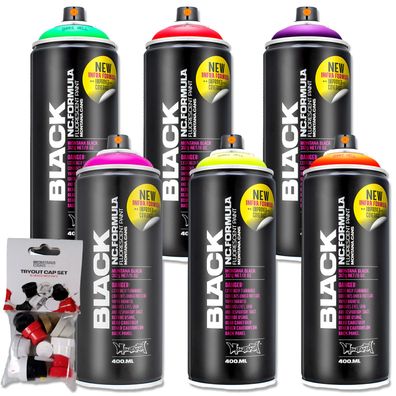 Montana Cans BLACK Infra Colors Neon Set 6x400ml inkl. 10er Tryout Cap Pack