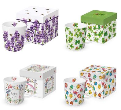 1 Kaffeebecher, Lavendel o. Klee mit Geschenkbox, Bienen Marienkäfer Glück Blumen