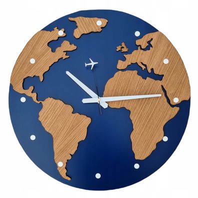 Wanduhr Weltkarte Uhr Globus Blau mit Holz Modern Flugzeug Motiv 50cm