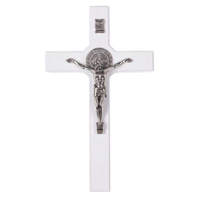 Wandkreuz Hängendes Kreuz Holzkreuz Weiß Buchenholz Hl. Benedikt 22x12x1,8 cm